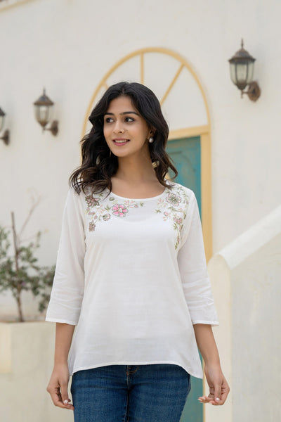 Juniper White Solid Viscose Tunic With Thread Work - Distacart