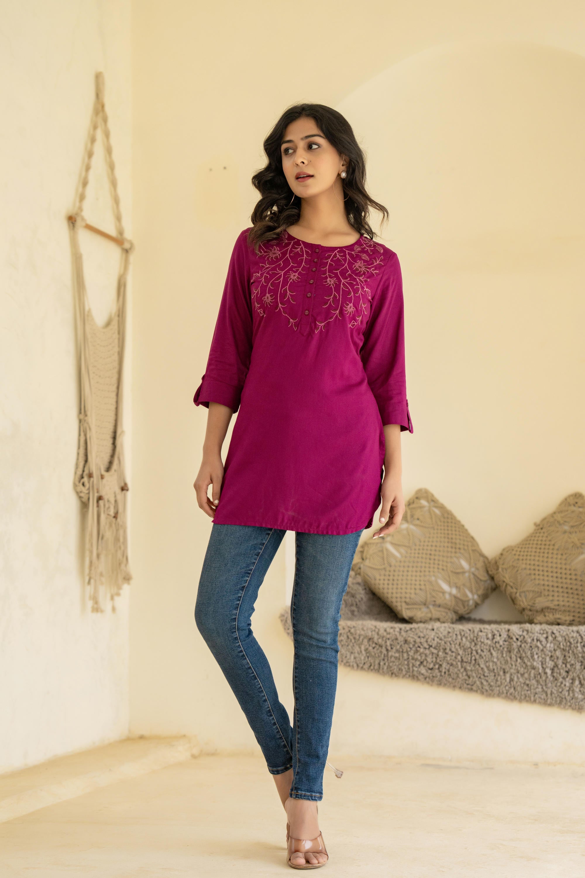 Juniper Plum Embroidered Tunic Top with Button Detailing