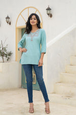 Thumbnail for Juniper Aqua Solid Viscose Tunic With Thread Work - Distacart
