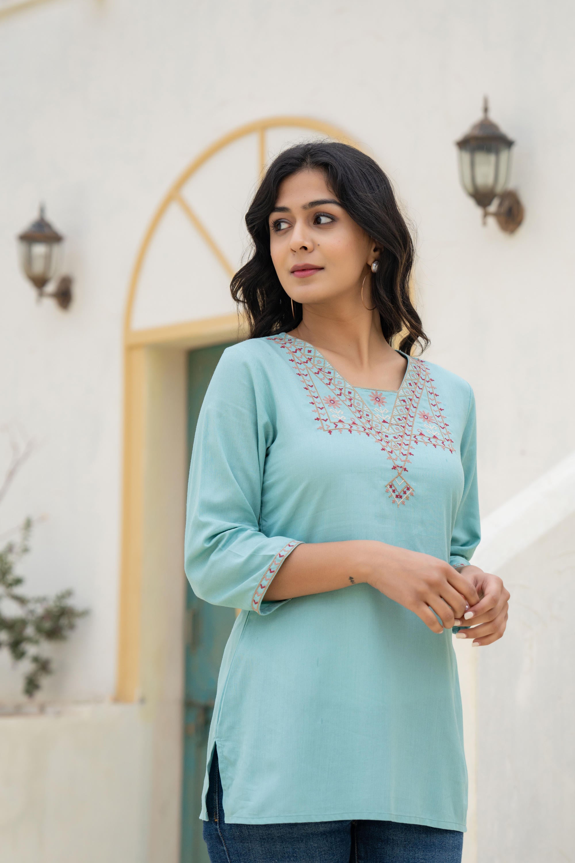 Juniper Aqua Solid Viscose Tunic With Thread Work - Distacart