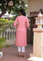 Thumbnail for Juniper Onion Pink Embroidered Viscose Kurta with Sequins & Cotton Lace - Distacart