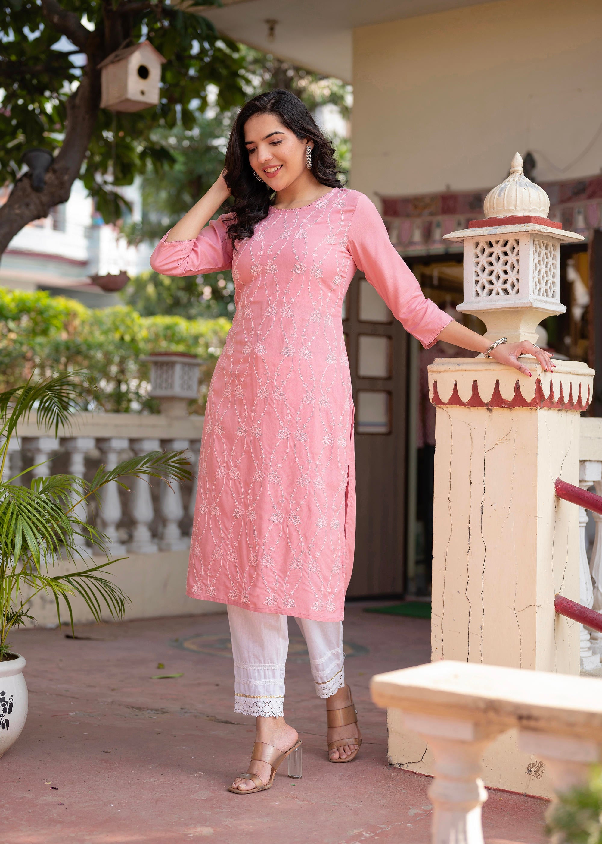 Juniper Onion Pink Embroidered Viscose Kurta with Sequins & Cotton Lace - Distacart