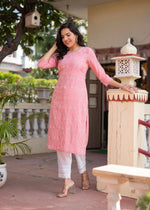 Thumbnail for Juniper Onion Pink Embroidered Viscose Kurta with Sequins & Cotton Lace - Distacart