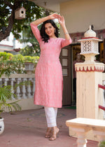 Thumbnail for Juniper Onion Pink Embroidered Viscose Kurta with Sequins & Cotton Lace - Distacart