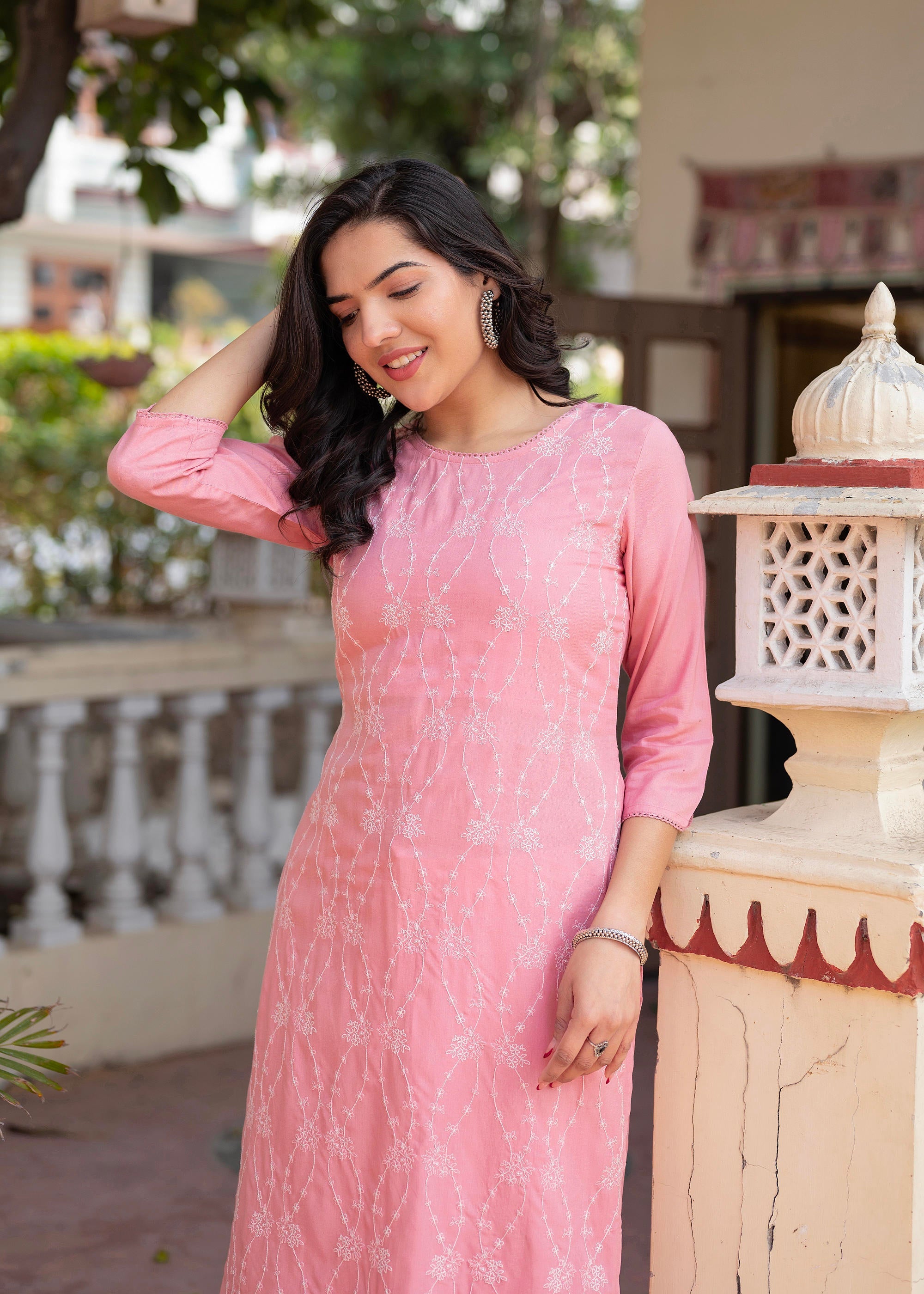 Juniper Onion Pink Embroidered Viscose Kurta with Sequins & Cotton Lace - Distacart
