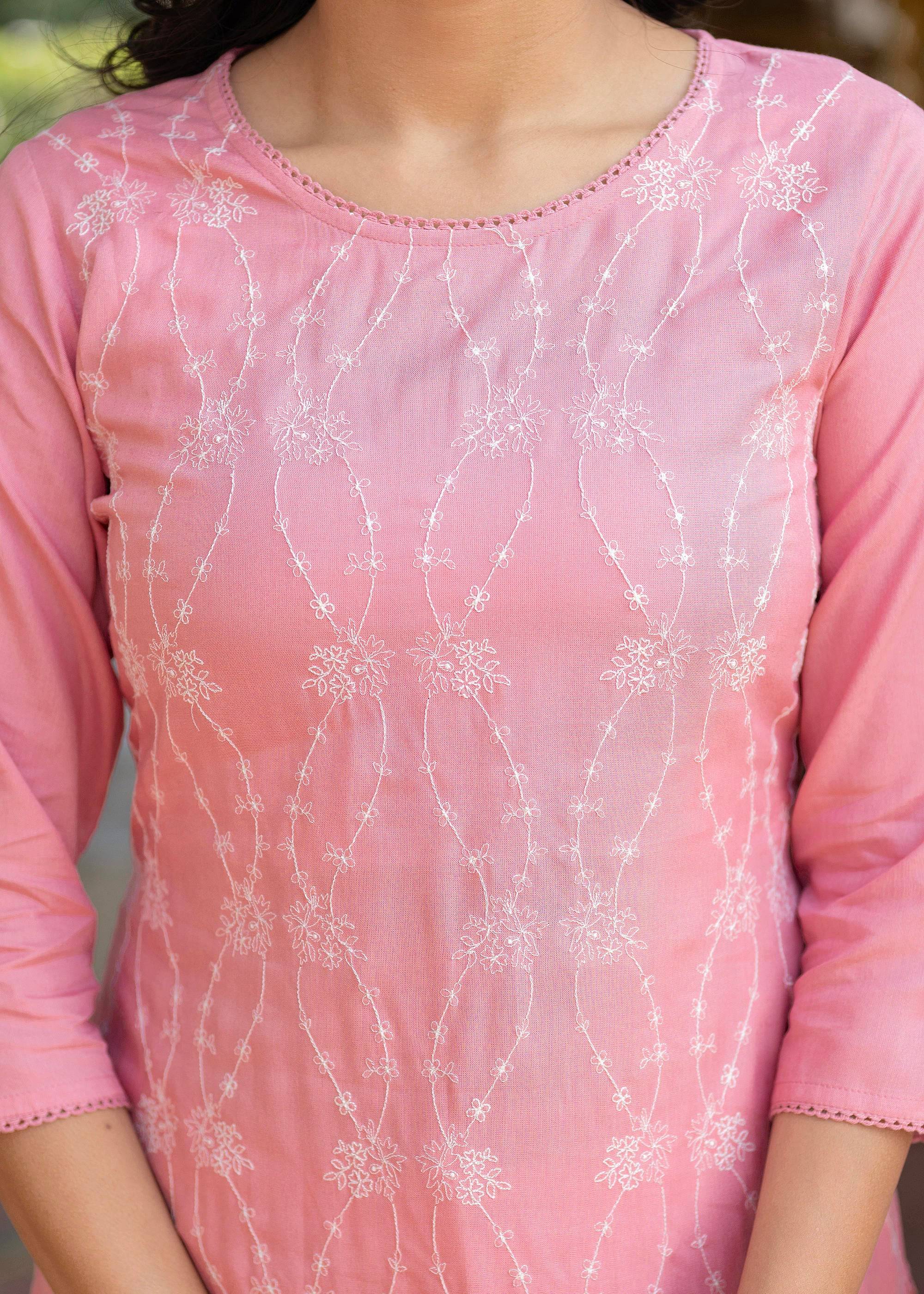 Juniper Onion Pink Embroidered Viscose Kurta with Sequins & Cotton Lace - Distacart