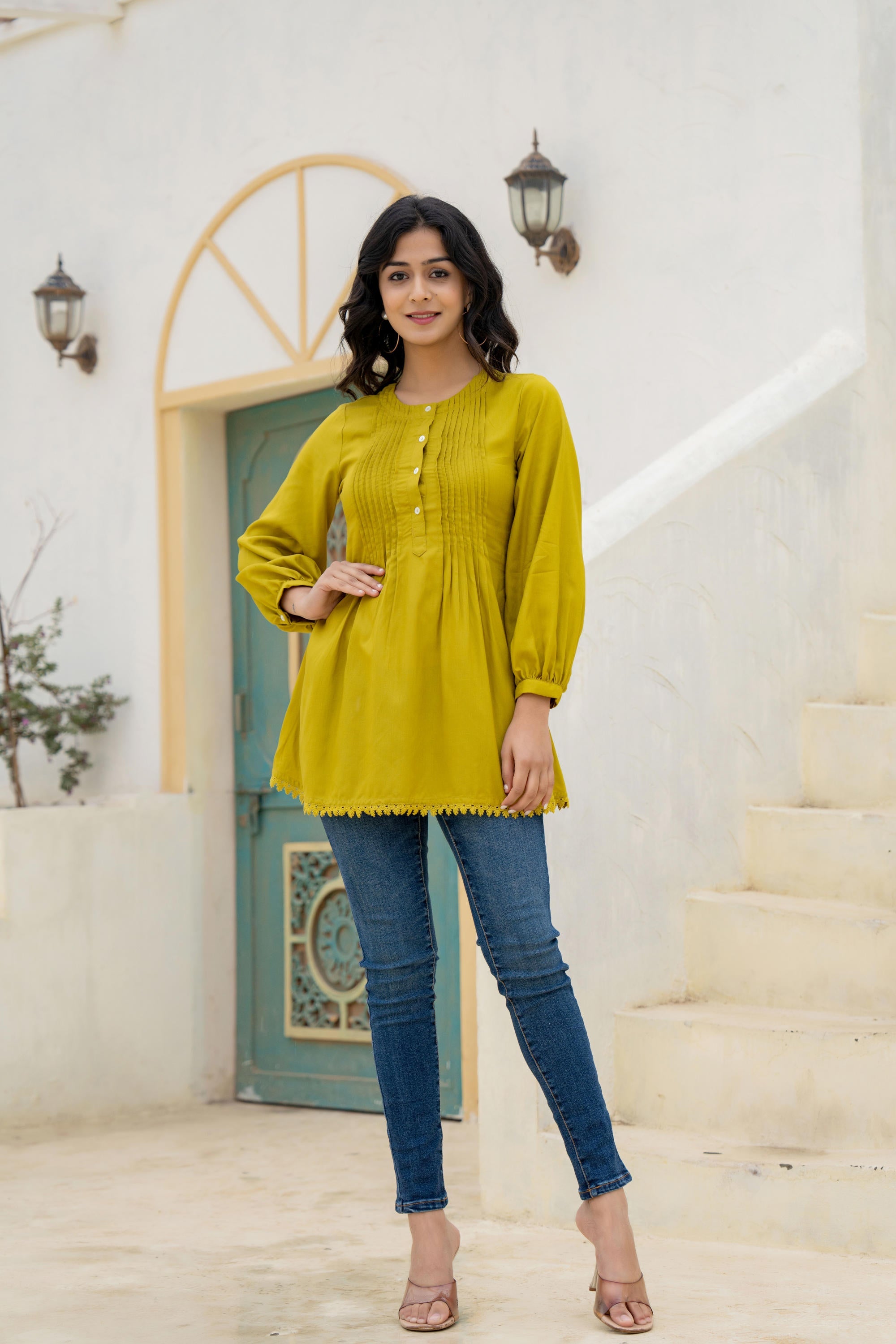 Juniper Lime Solid Viscose Tunic With Buttons & Lace - Distacart