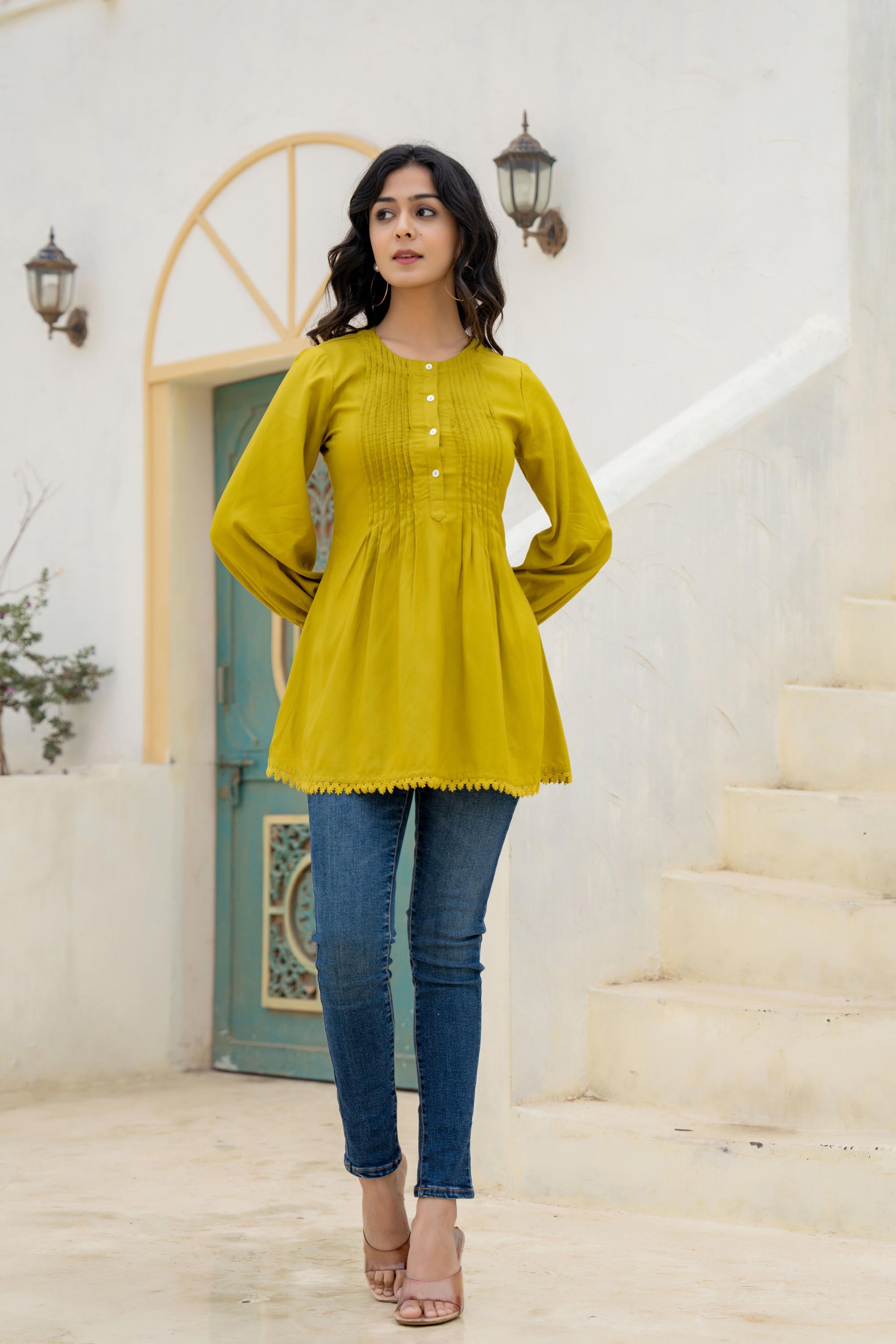 Juniper Lime Solid Viscose Tunic With Buttons & Lace - Distacart