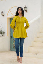 Thumbnail for Juniper Lime Solid Viscose Tunic With Buttons & Lace - Distacart