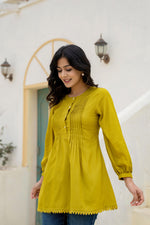 Thumbnail for Juniper Lime Solid Viscose Tunic With Buttons & Lace - Distacart