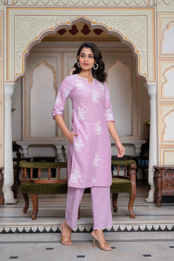 Juniper Lavender Floral Embroidered Cotton Slub Kurta with Palazzo & Hook Closure - Distacart