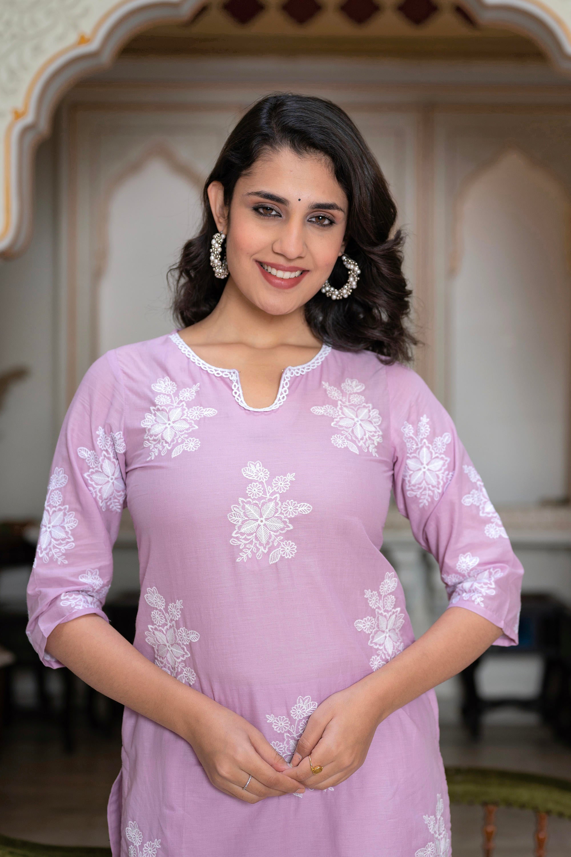 Juniper Lavender Floral Embroidered Cotton Slub Kurta with Palazzo & Hook Closure - Distacart