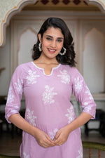 Thumbnail for Juniper Lavender Floral Embroidered Cotton Slub Kurta with Palazzo & Hook Closure - Distacart