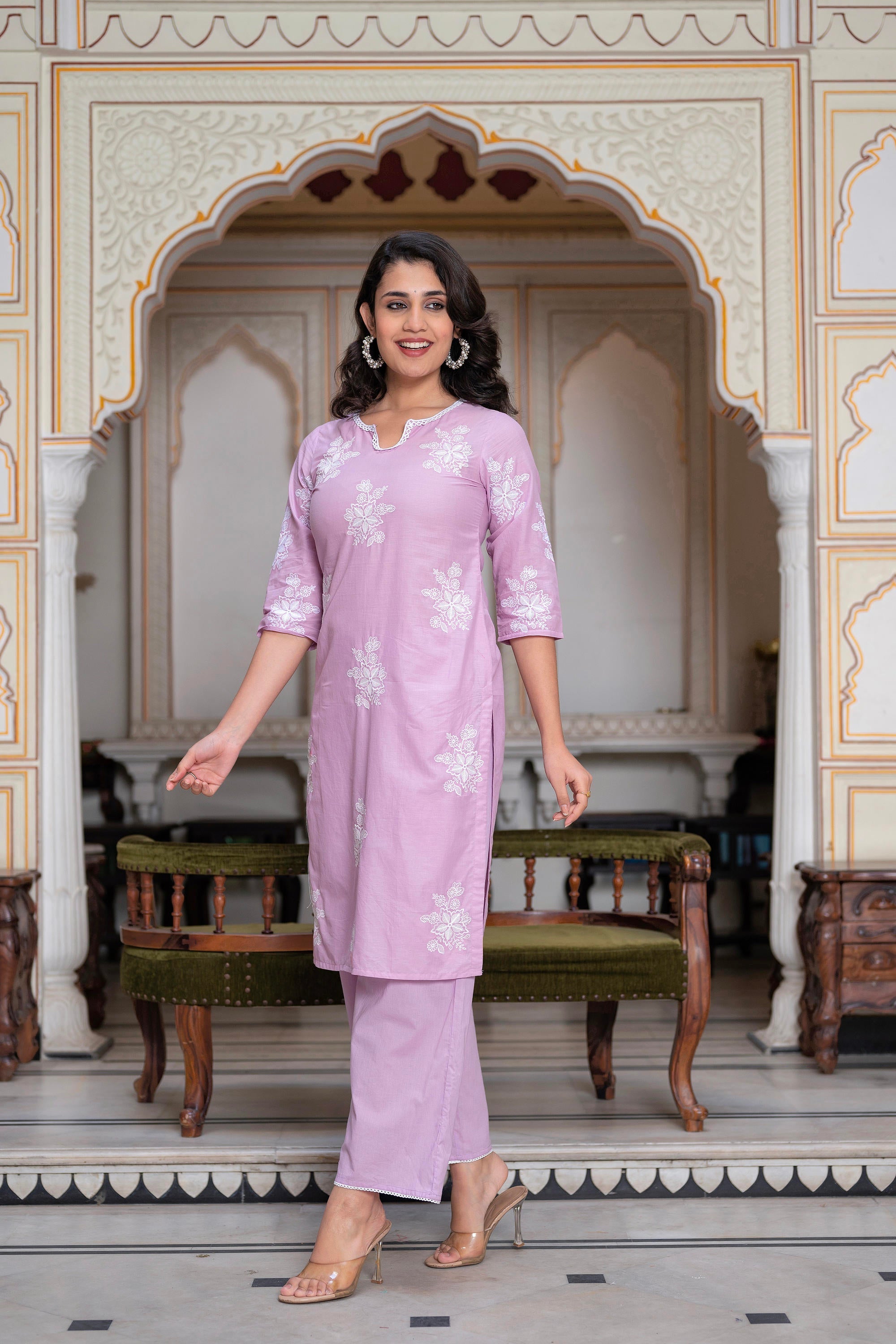 Juniper Lavender Floral Embroidered Cotton Slub Kurta with Palazzo & Hook Closure - Distacart