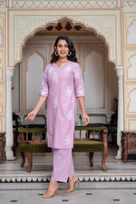 Thumbnail for Juniper Lavender Floral Embroidered Cotton Slub Kurta with Palazzo & Hook Closure - Distacart