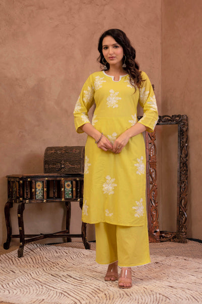 Juniper Lime Yellow Embroidered Cotton Slub Kurta with Palazzo & Thread Work