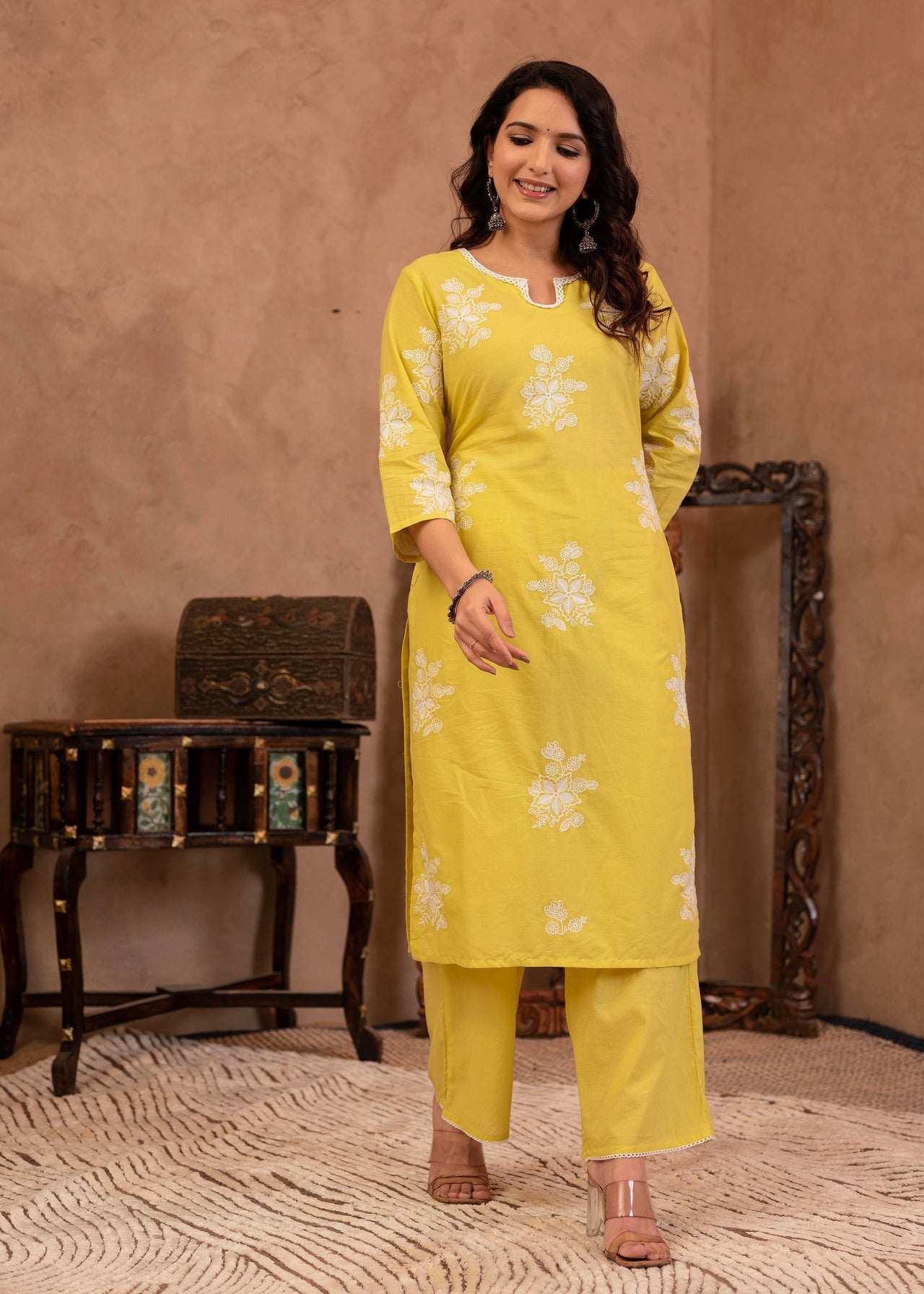 Juniper Lime Yellow Embroidered Cotton Slub Kurta with Palazzo & Thread Work