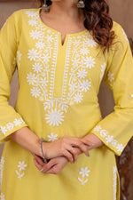 Thumbnail for Juniper Lime Yellow Floral Embroidered Cotton Slub Kurta with Palazzo - Distacart