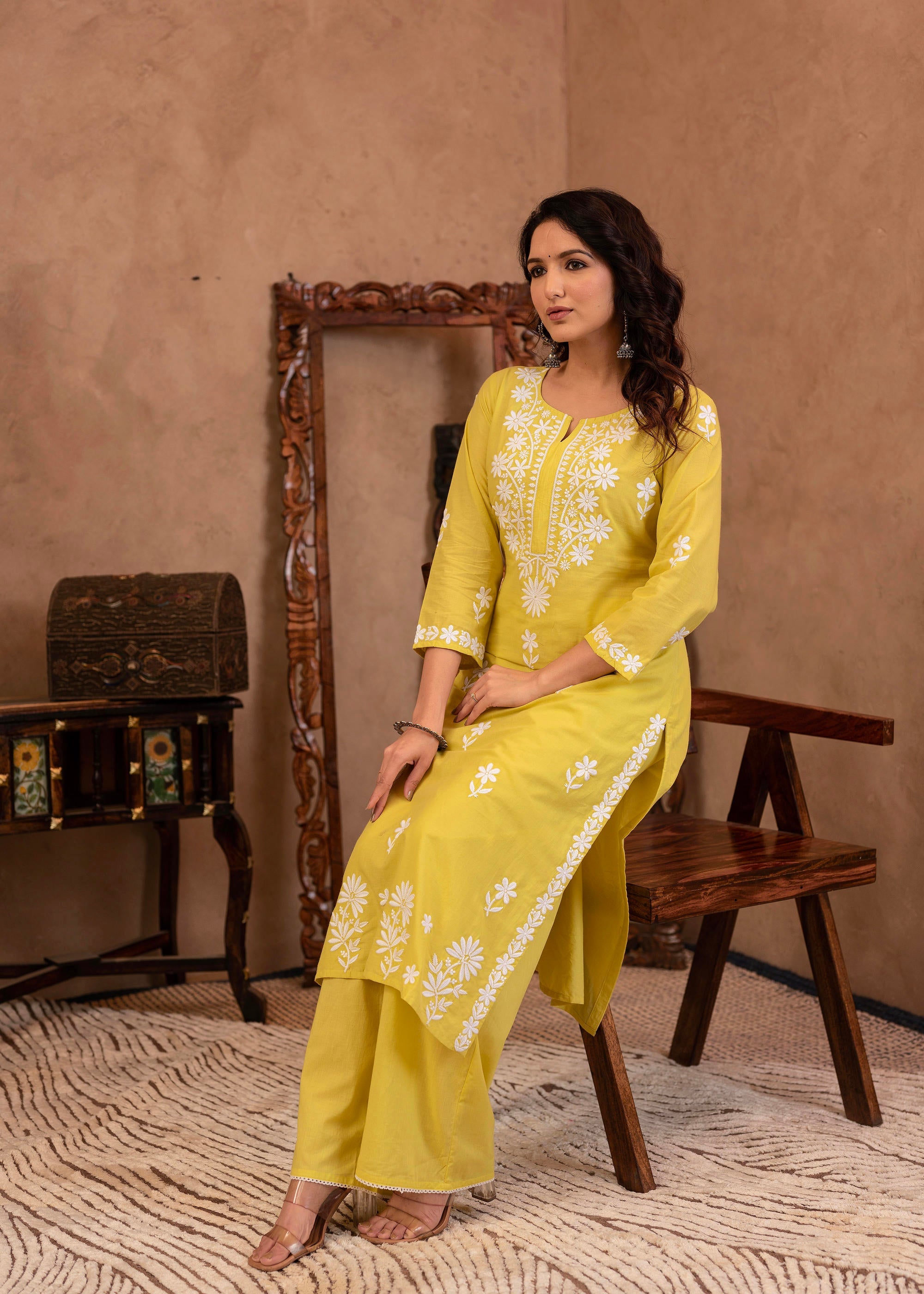 Juniper Lime Yellow Floral Embroidered Cotton Slub Kurta with Palazzo - Distacart