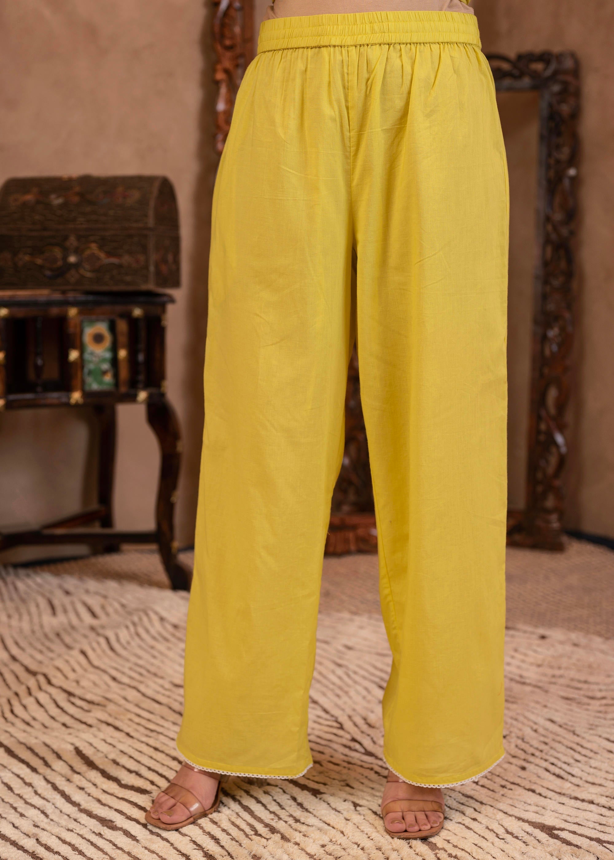 Juniper Lime Yellow Floral Embroidered Cotton Slub Kurta with Palazzo - Distacart