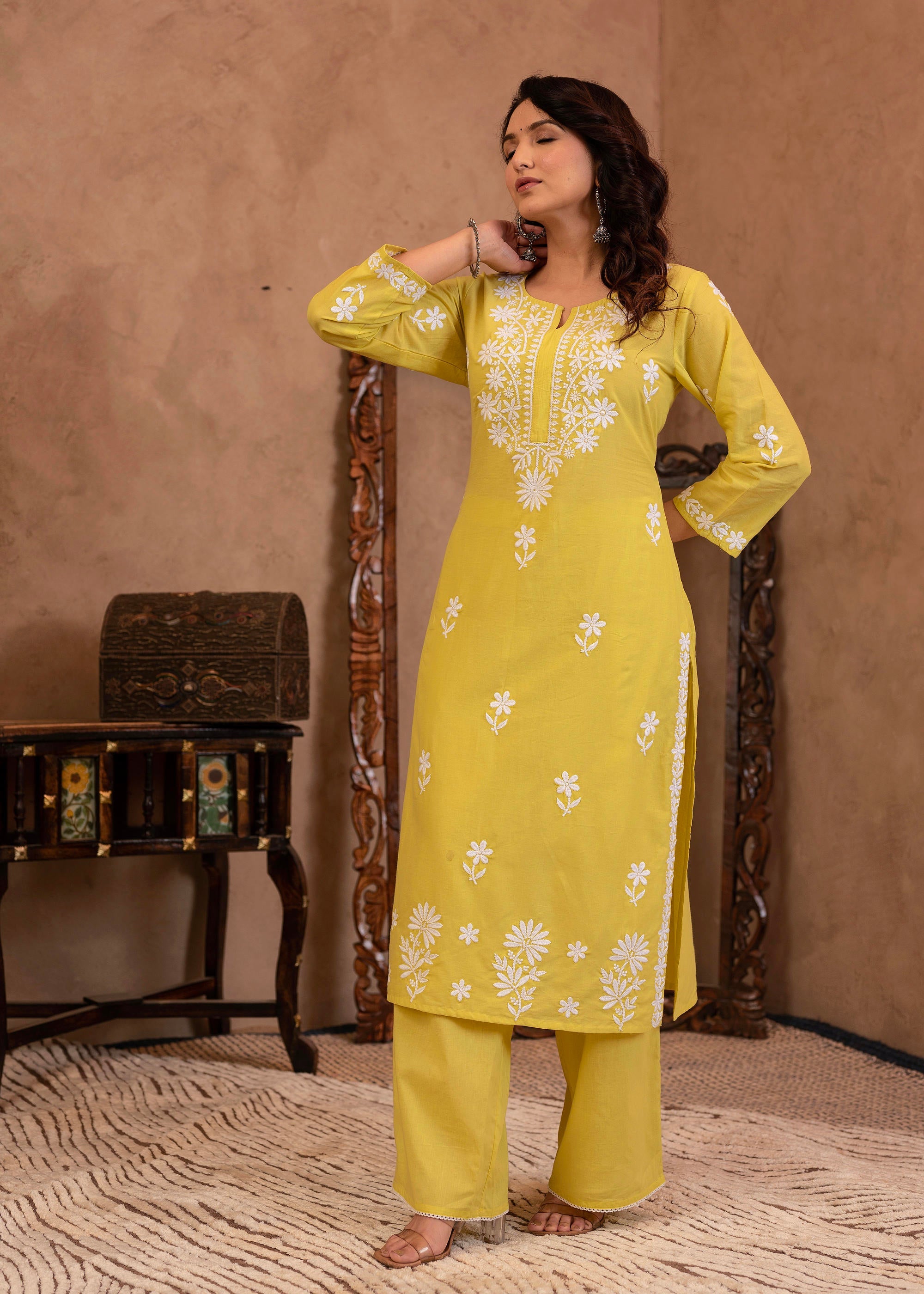 Juniper Lime Yellow Floral Embroidered Cotton Slub Kurta with Palazzo - Distacart