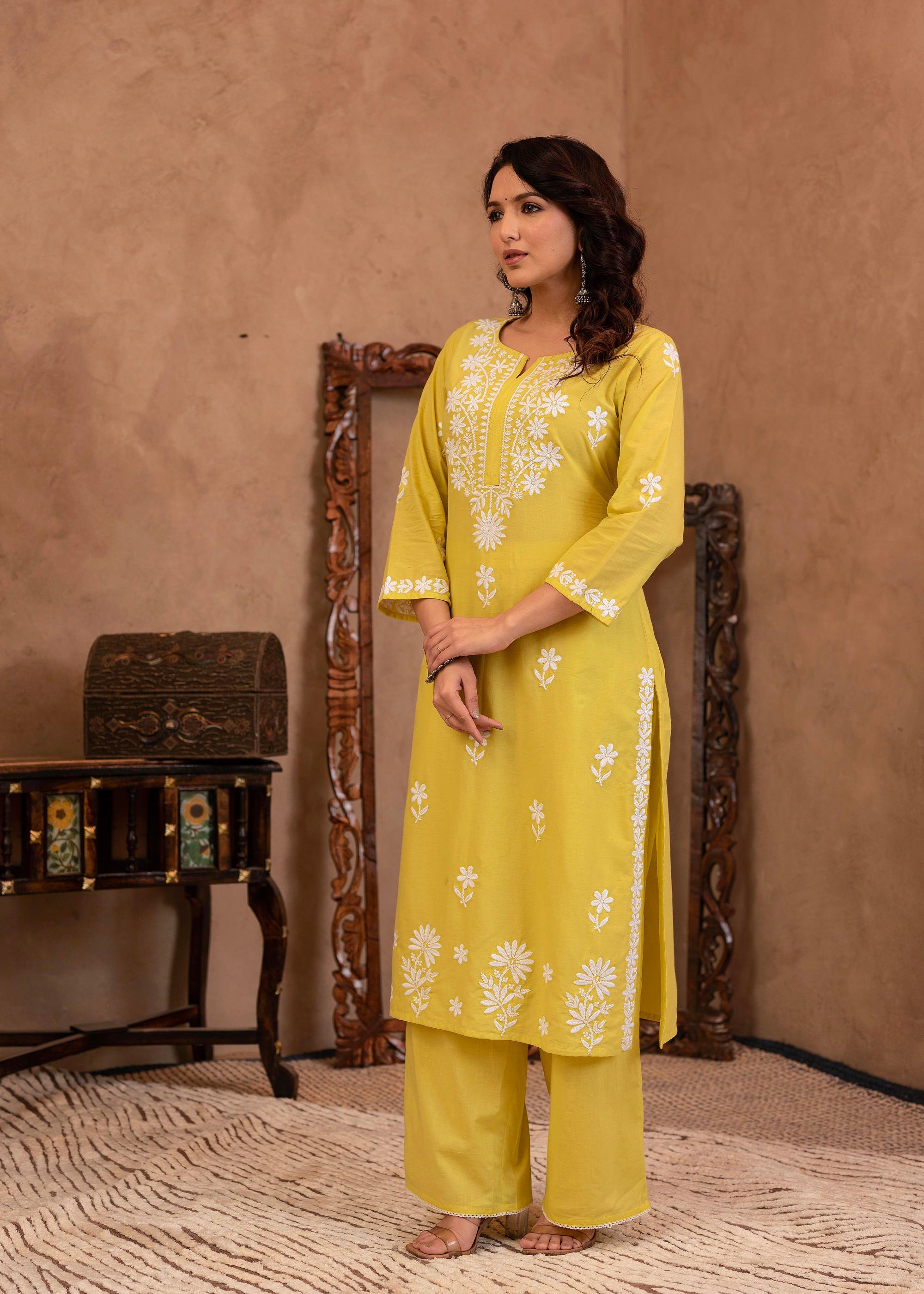Juniper Lime Yellow Floral Embroidered Cotton Slub Kurta with Palazzo - Distacart