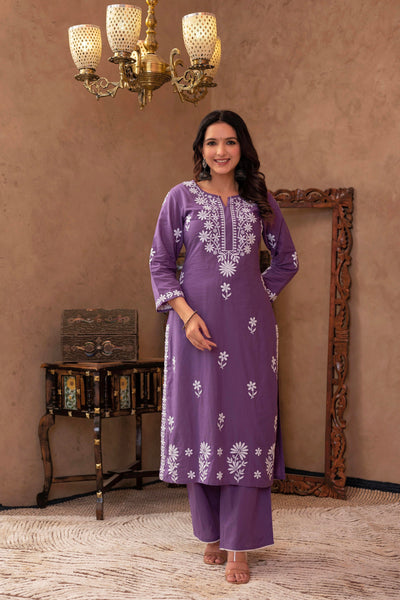 Juniper Purple Embroidered Cotton Kurta with Palazzo - Distacart