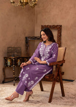 Thumbnail for Juniper Purple Embroidered Cotton Kurta with Palazzo - Distacart