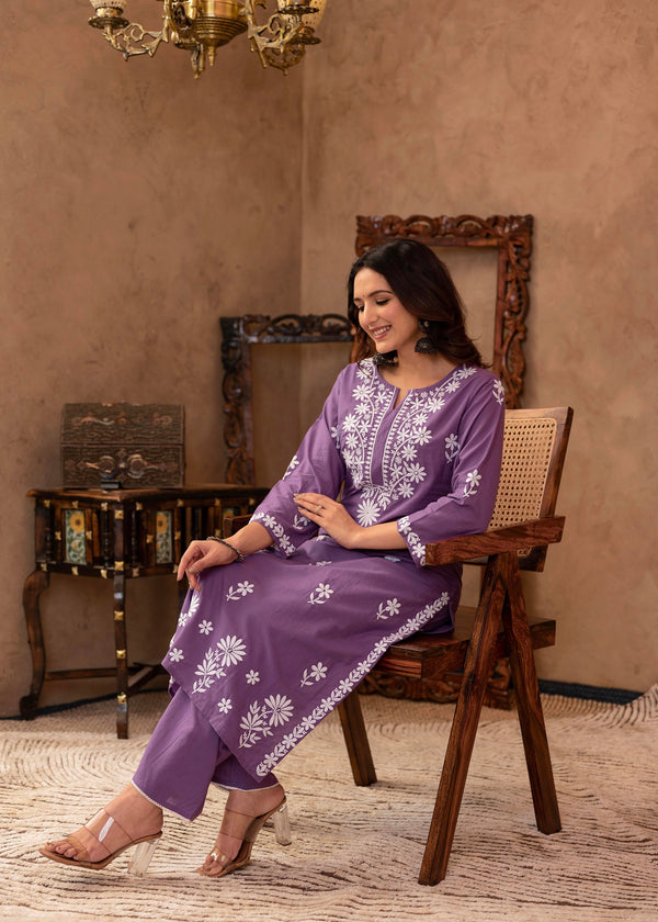 Juniper Purple Embroidered Cotton Kurta with Palazzo - Distacart