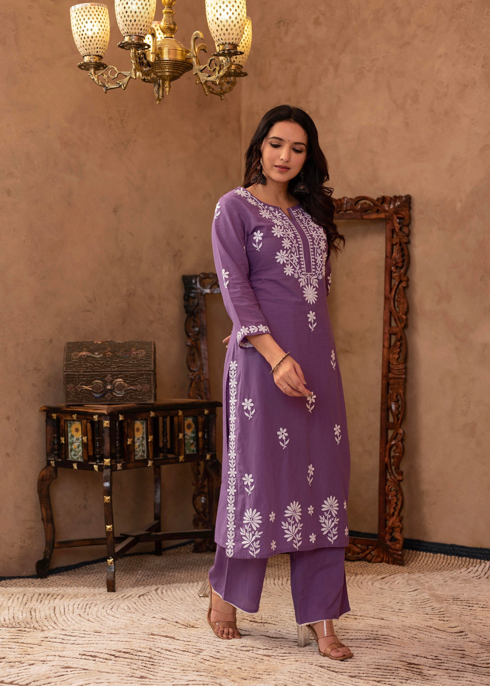 Juniper Purple Embroidered Cotton Kurta with Palazzo - Distacart