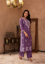 Thumbnail for Juniper Purple Embroidered Cotton Kurta with Palazzo - Distacart