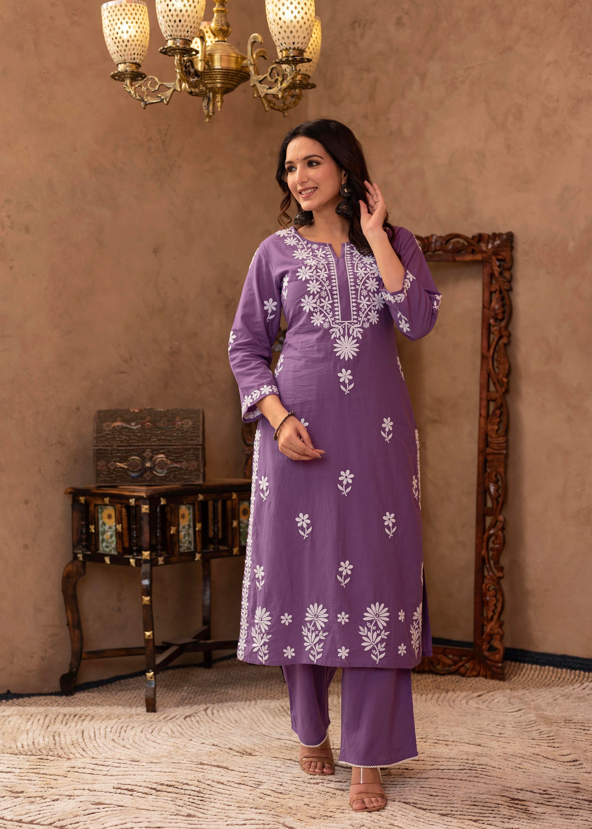 Juniper Purple Embroidered Cotton Kurta with Palazzo - Distacart