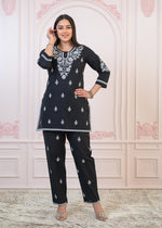 Thumbnail for Juniper Black Cotton Embroidered Kurta-Pant Set with Thread Work & Buttons - Distacart