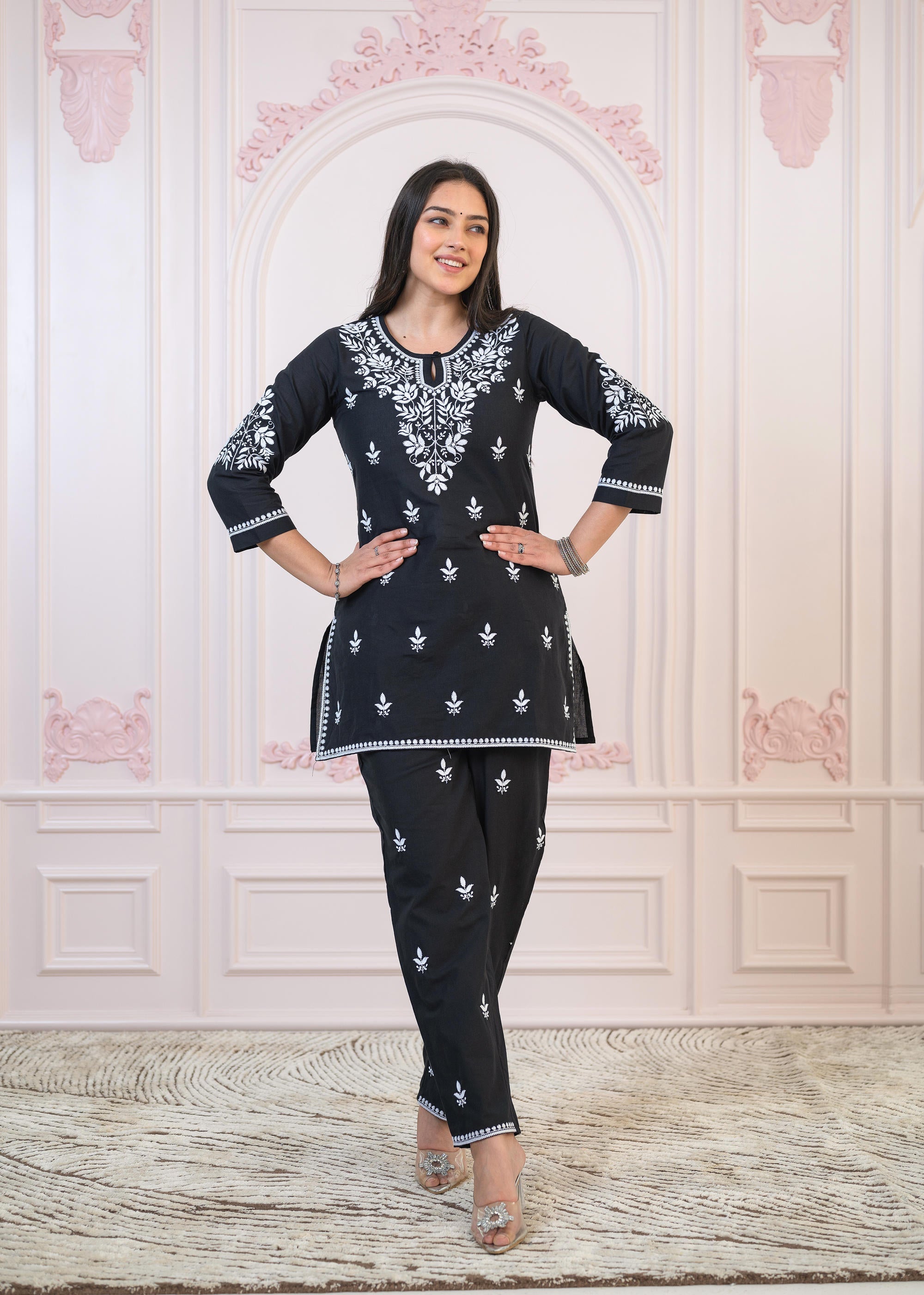 Juniper Black Cotton Embroidered Kurta-Pant Set with Thread Work & Buttons - Distacart