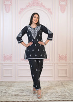 Thumbnail for Juniper Black Cotton Embroidered Kurta-Pant Set with Thread Work & Buttons - Distacart