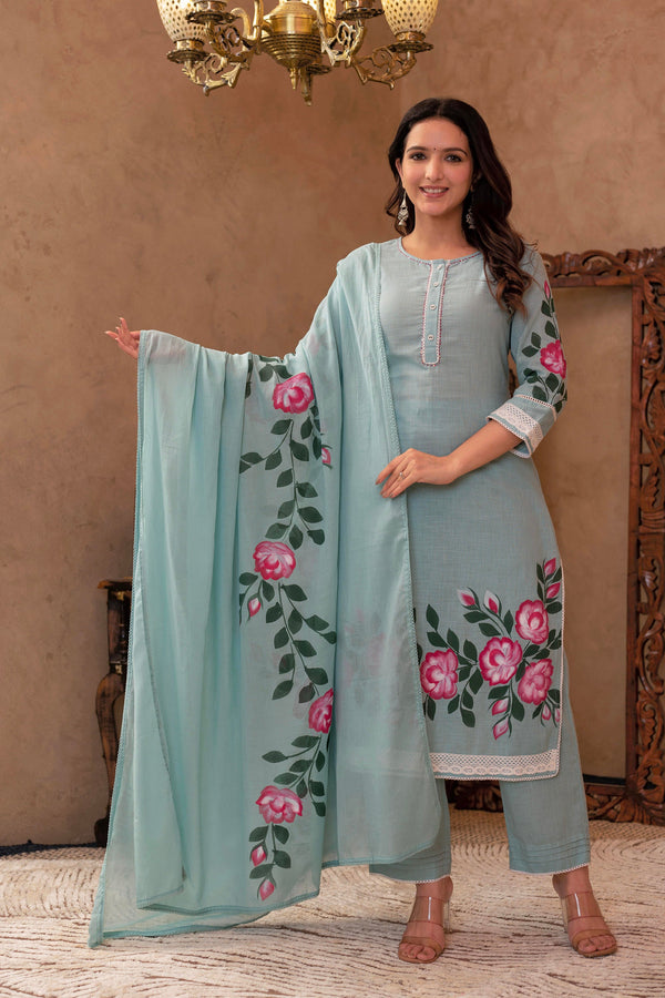Juniper Sky Blue Cotton Slub Floral Printed Kurta-Pant & Dupatta Set with Lace, Thread Work & Button Closure - Distacart
