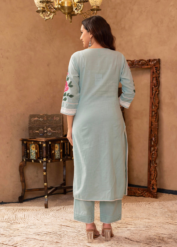 Juniper Sky Blue Cotton Slub Floral Printed Kurta-Pant & Dupatta Set with Lace, Thread Work & Button Closure - Distacart