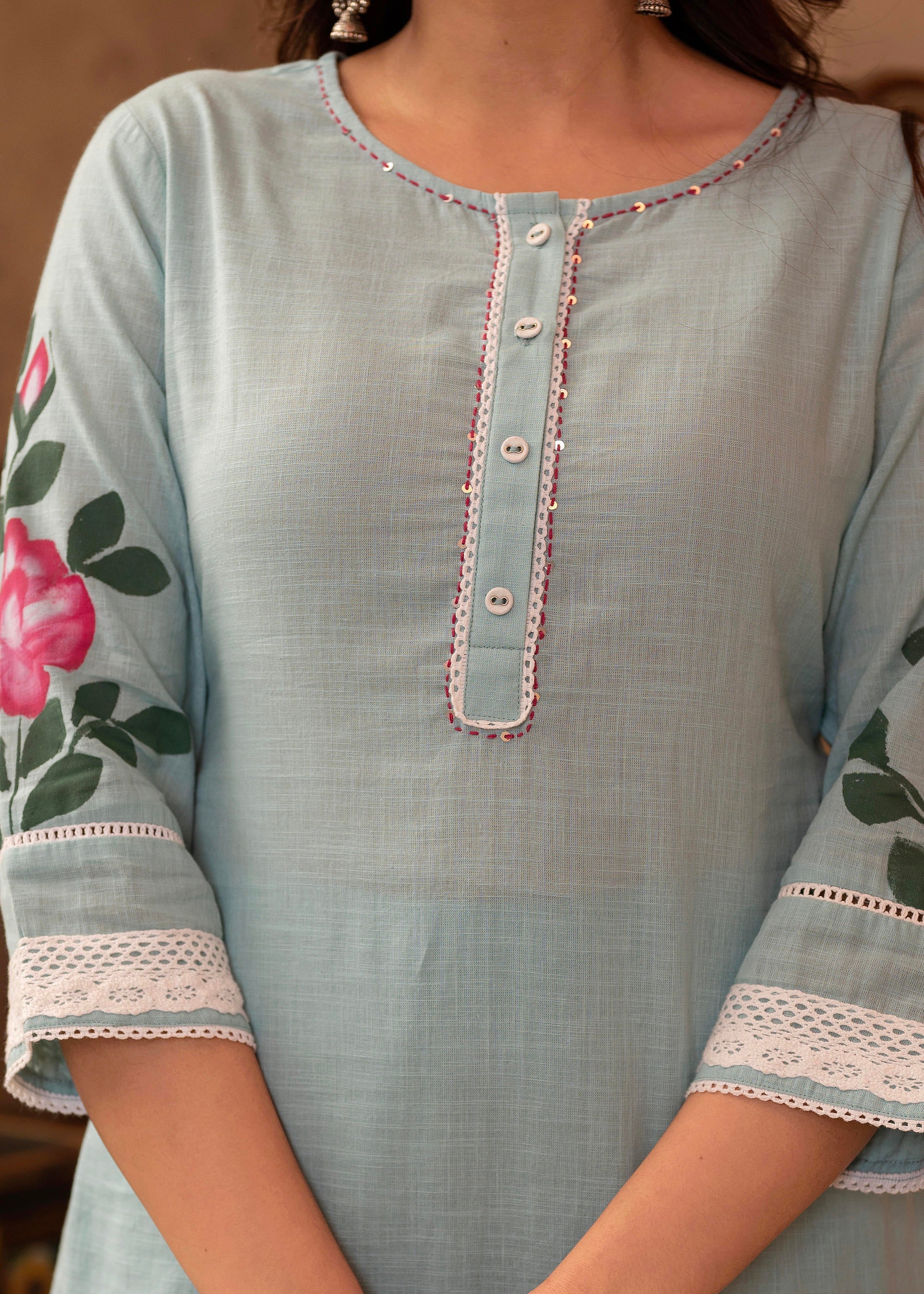 Juniper Sky Blue Cotton Slub Floral Printed Kurta-Pant & Dupatta Set with Lace, Thread Work & Button Closure - Distacart