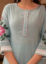 Thumbnail for Juniper Sky Blue Cotton Slub Floral Printed Kurta-Pant & Dupatta Set with Lace, Thread Work & Button Closure - Distacart