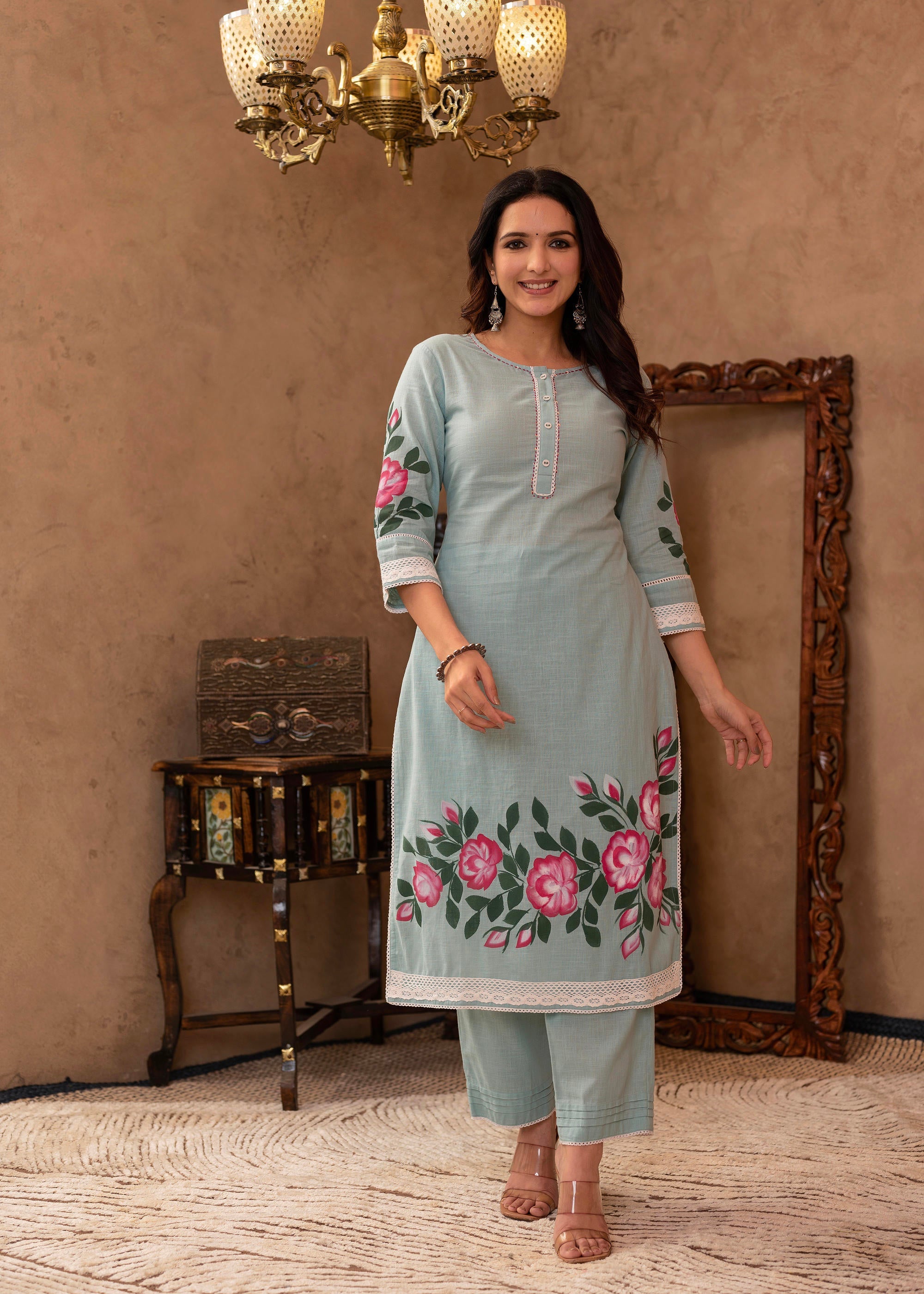 Juniper Sky Blue Cotton Slub Floral Printed Kurta-Pant & Dupatta Set with Lace, Thread Work & Button Closure - Distacart