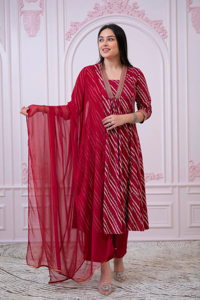 Juniper Maroon Angrakha-Style Kurta Set with Gota Work and Dupatta