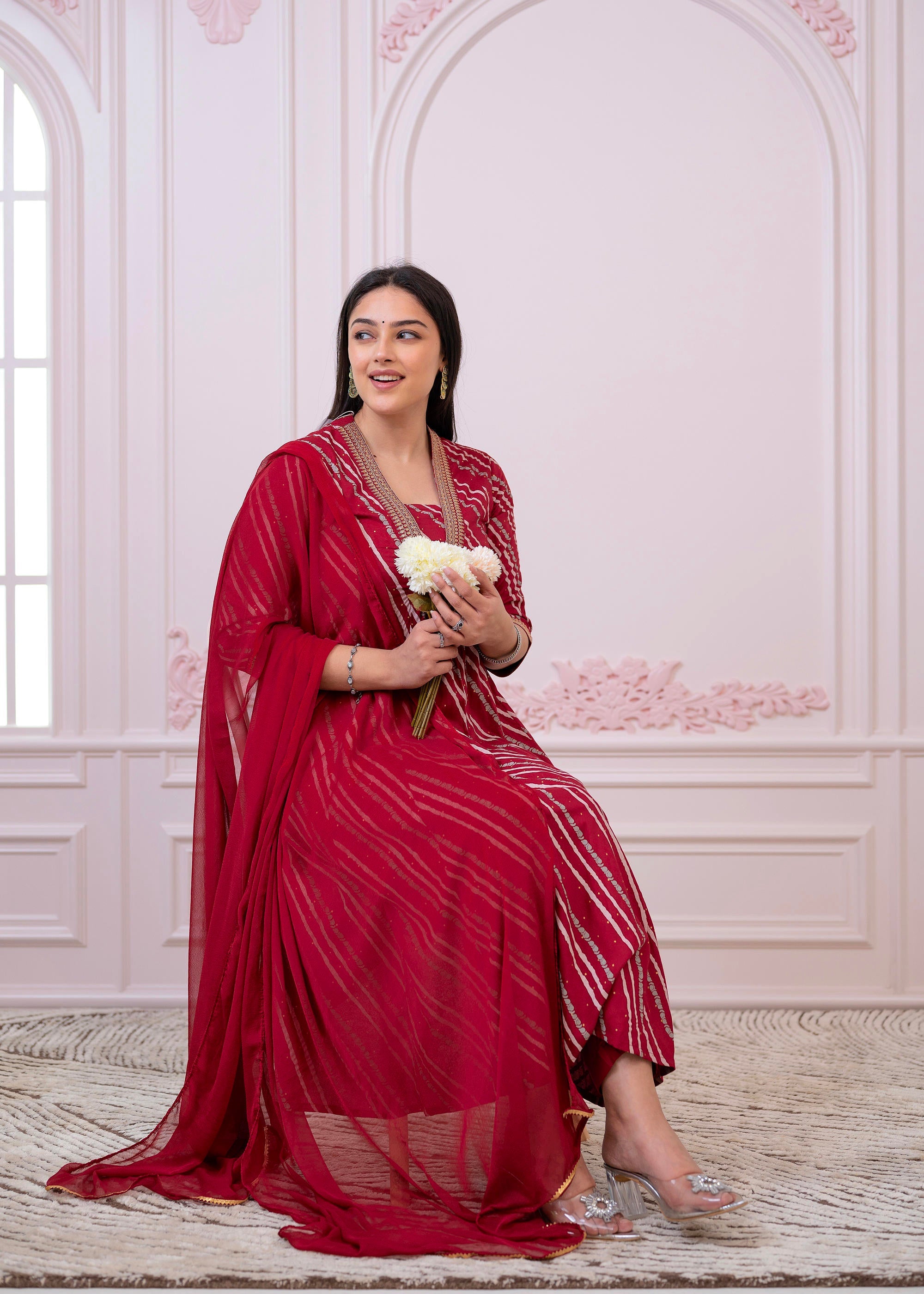 Juniper Maroon Angrakha-Style Kurta Set with Gota Work and Dupatta