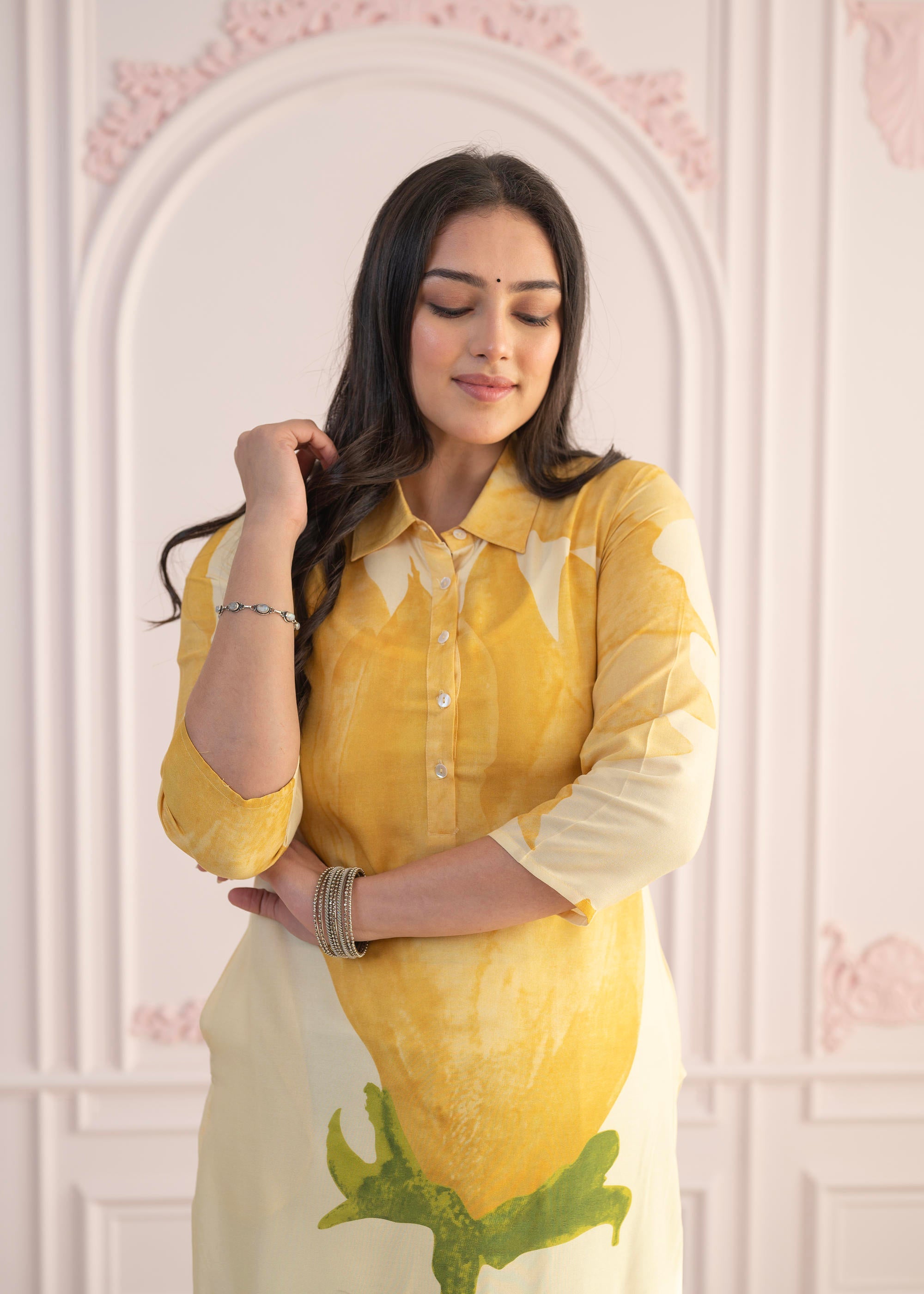 Juniper Yellow Floral Printed Viscose Kurta with Button Details - Distacart