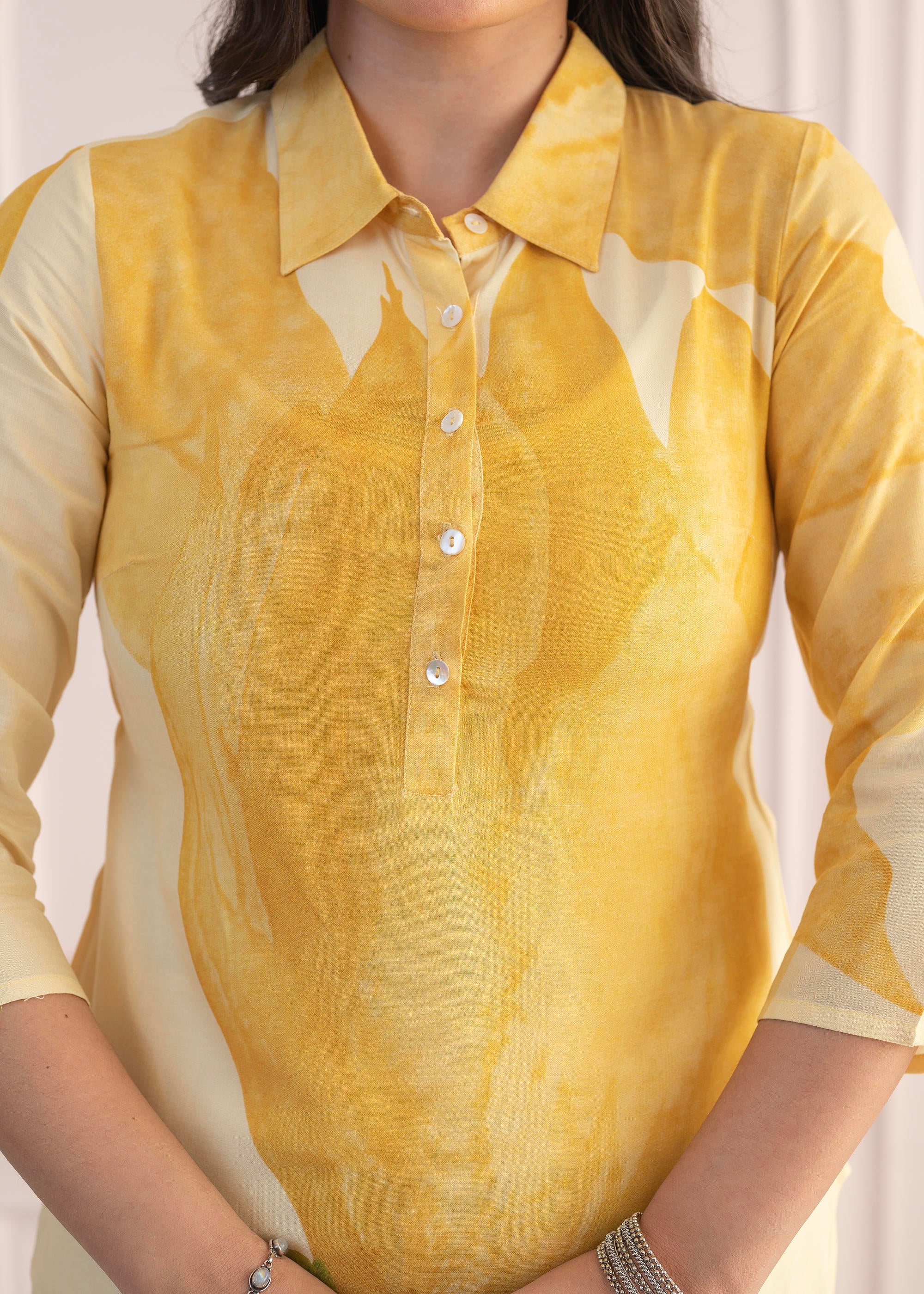 Juniper Yellow Floral Printed Viscose Kurta with Button Details - Distacart