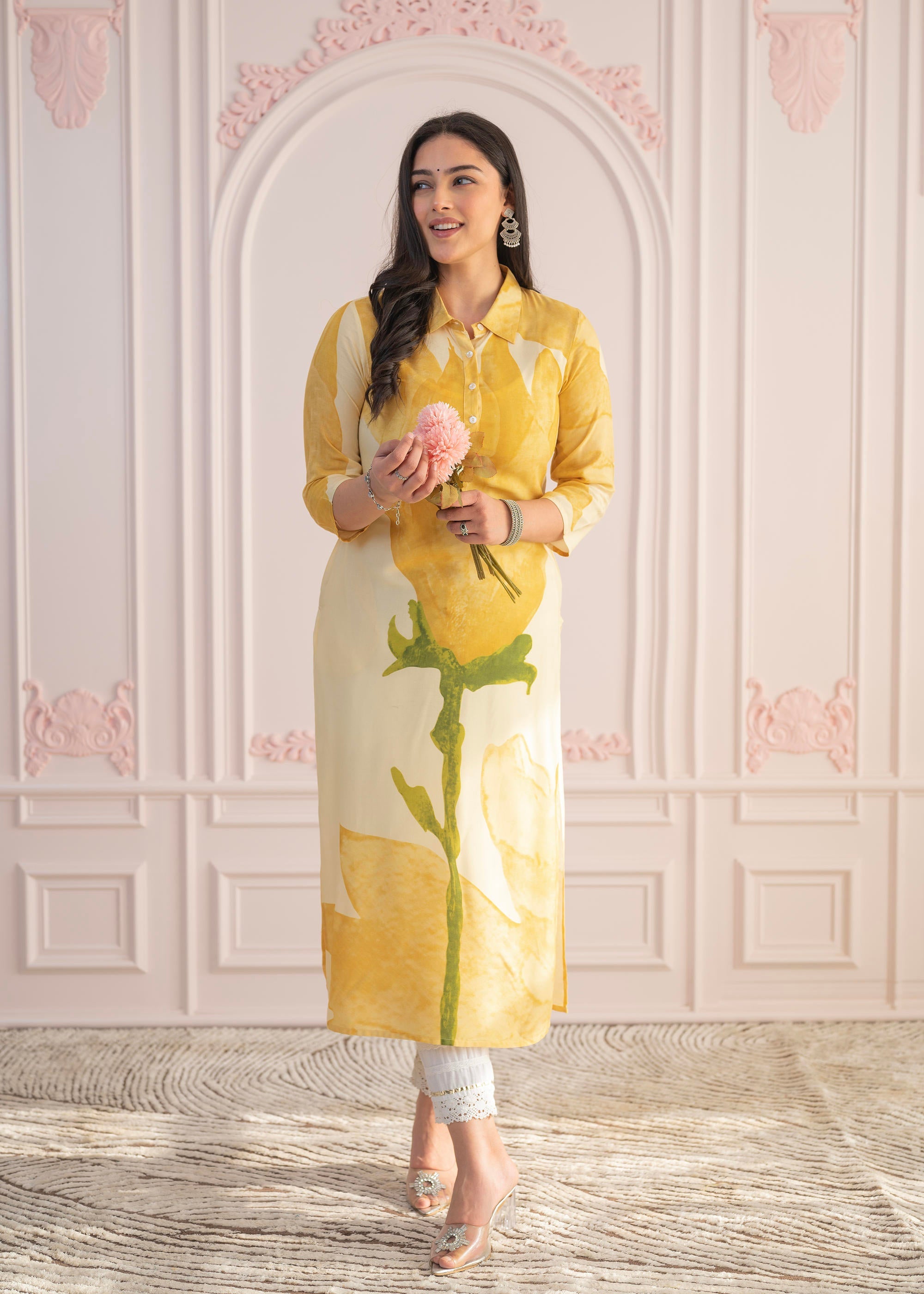 Juniper Yellow Floral Printed Viscose Kurta with Button Details - Distacart