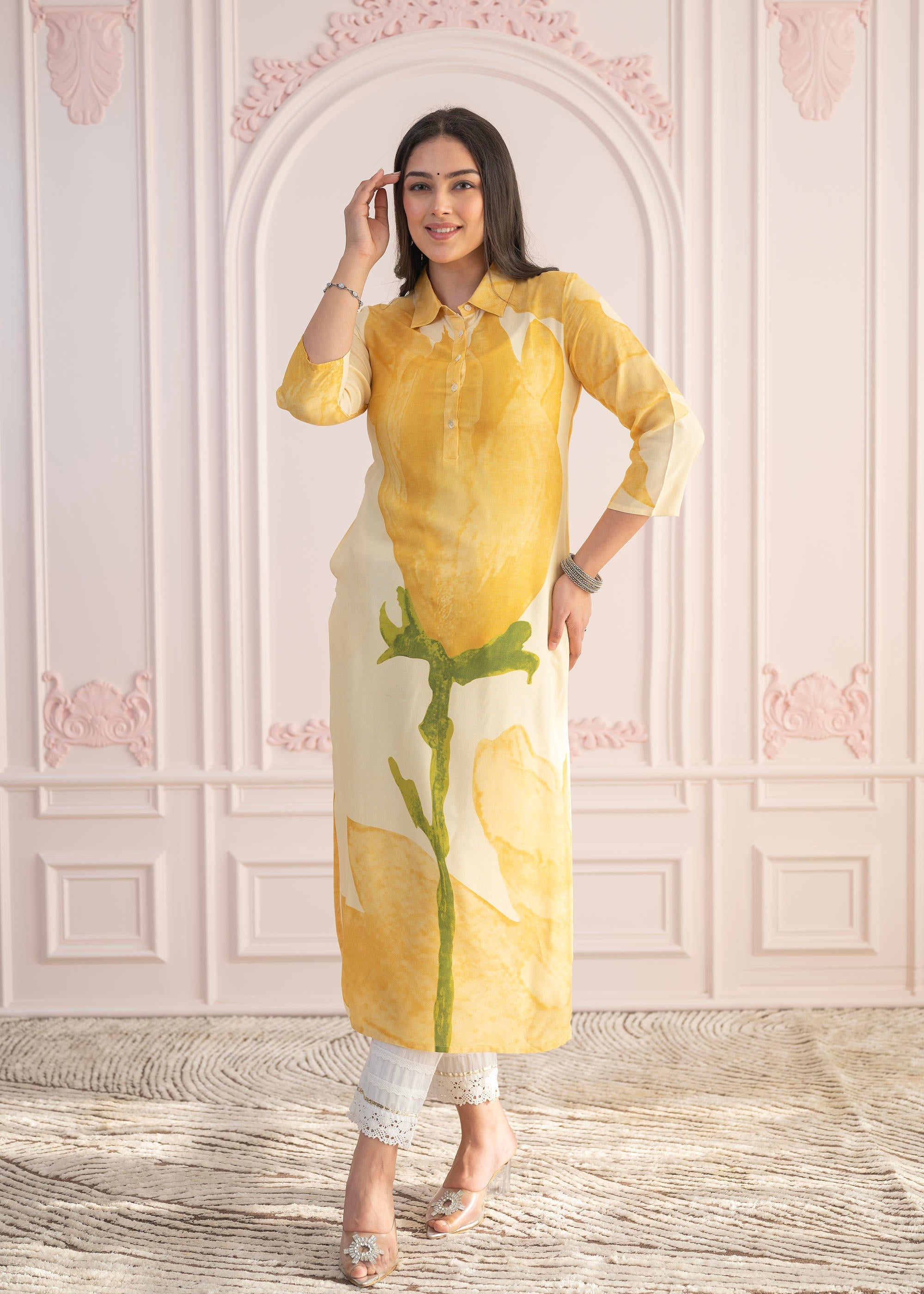 Juniper Yellow Floral Printed Viscose Kurta with Button Details - Distacart
