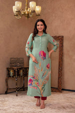 Thumbnail for Juniper Mint Floral Printed Viscose Kurta with Shell Buttons - Distacart
