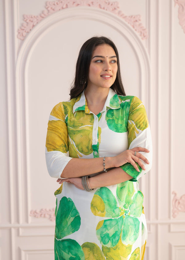 Juniper Green Floral Printed Viscose Kurta with Button Closure - Distacart