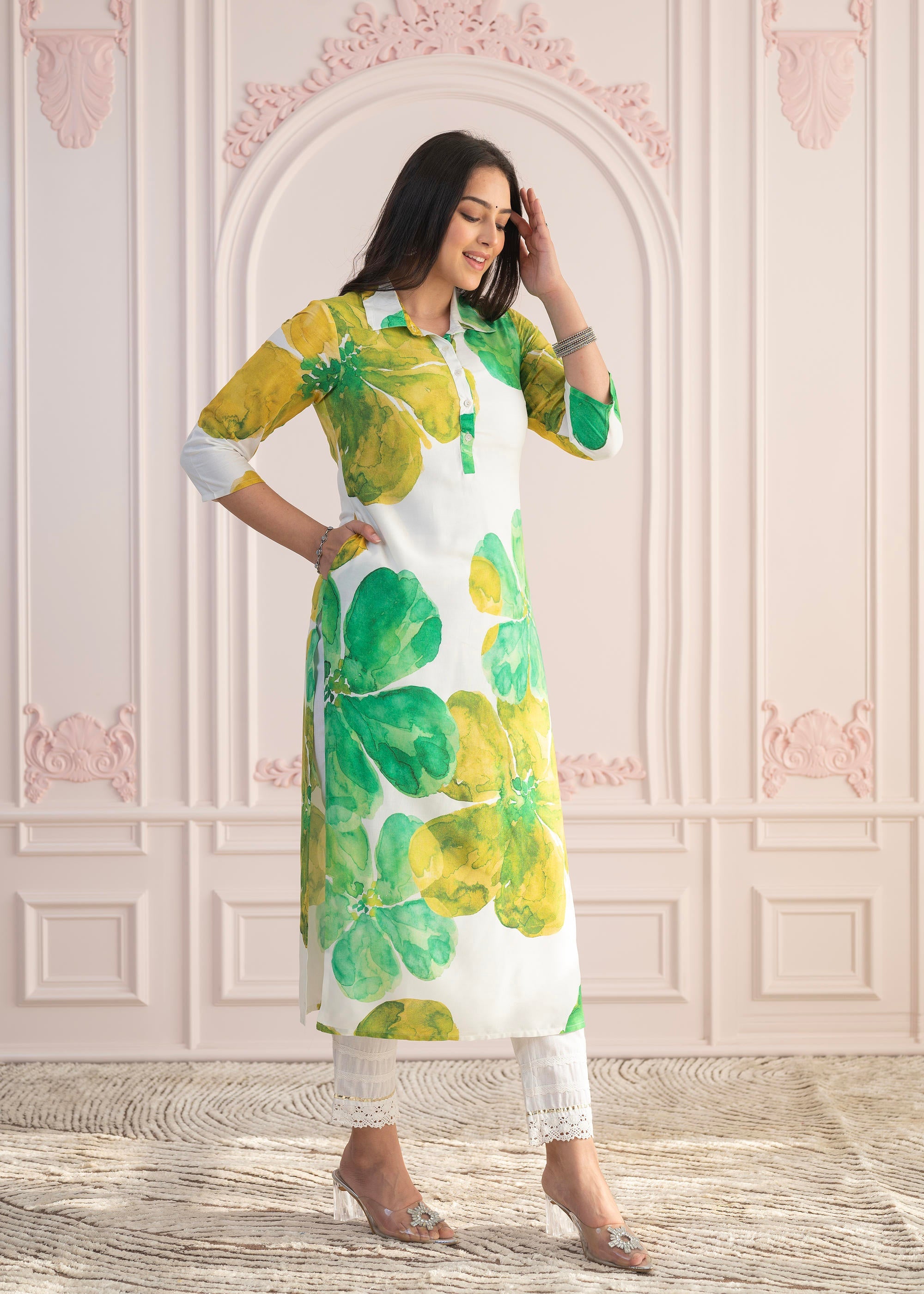 Juniper Green Floral Printed Viscose Kurta with Button Closure - Distacart
