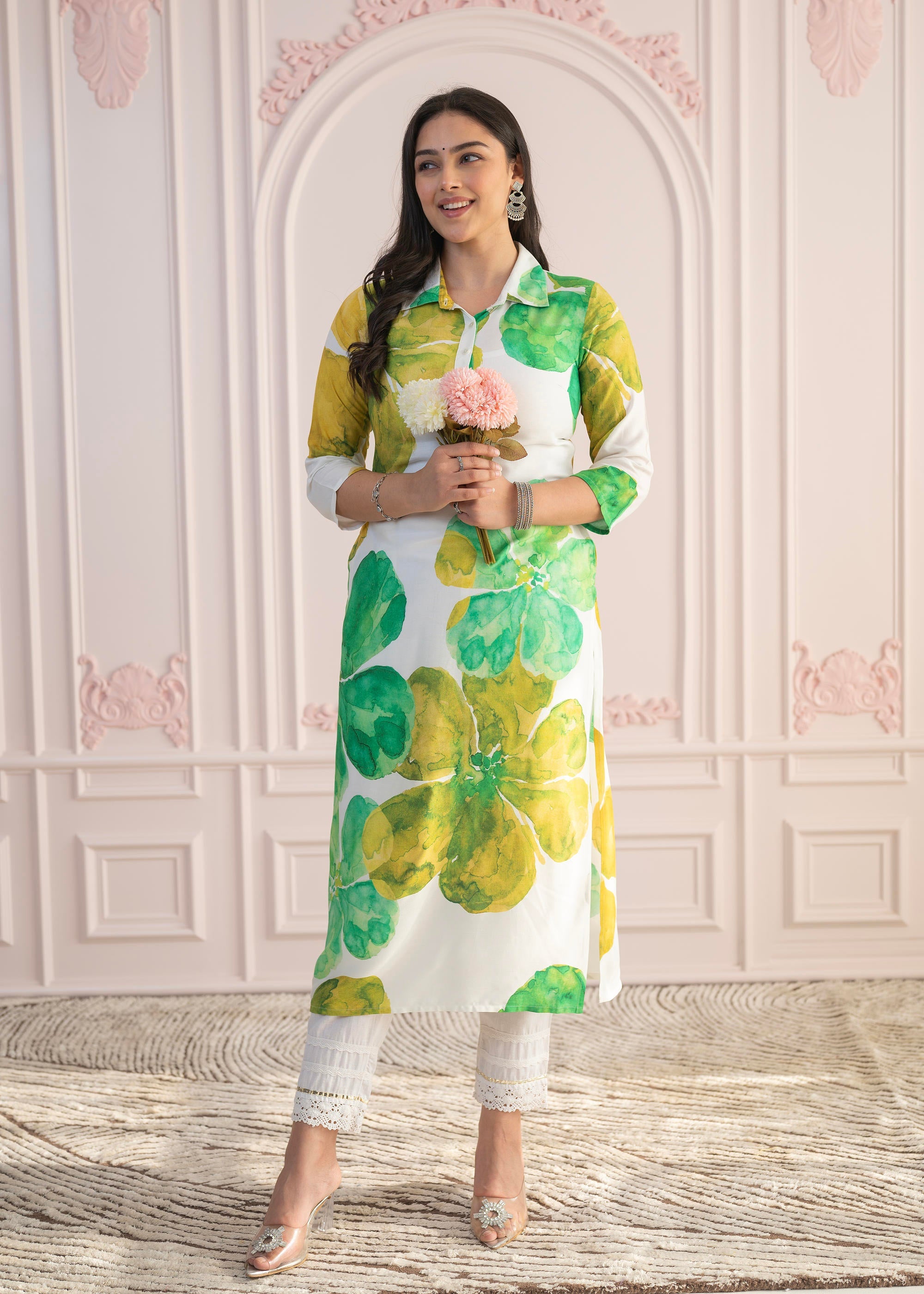 Juniper Green Floral Printed Viscose Kurta with Button Closure - Distacart
